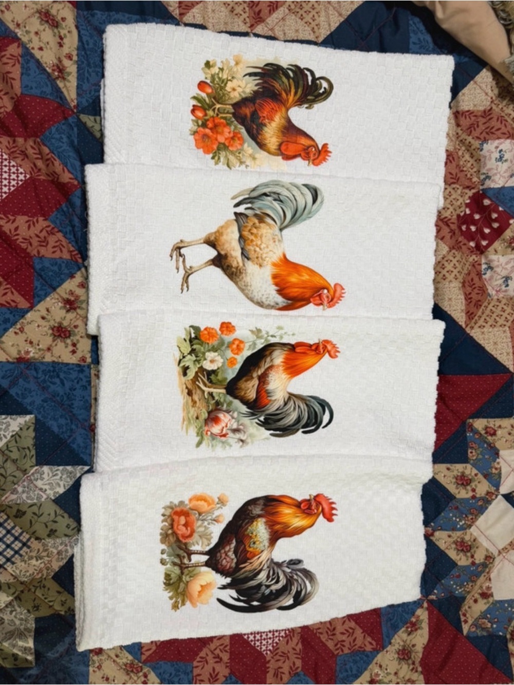 Rooster Kitchen Towels - White with Orange Rooster Design